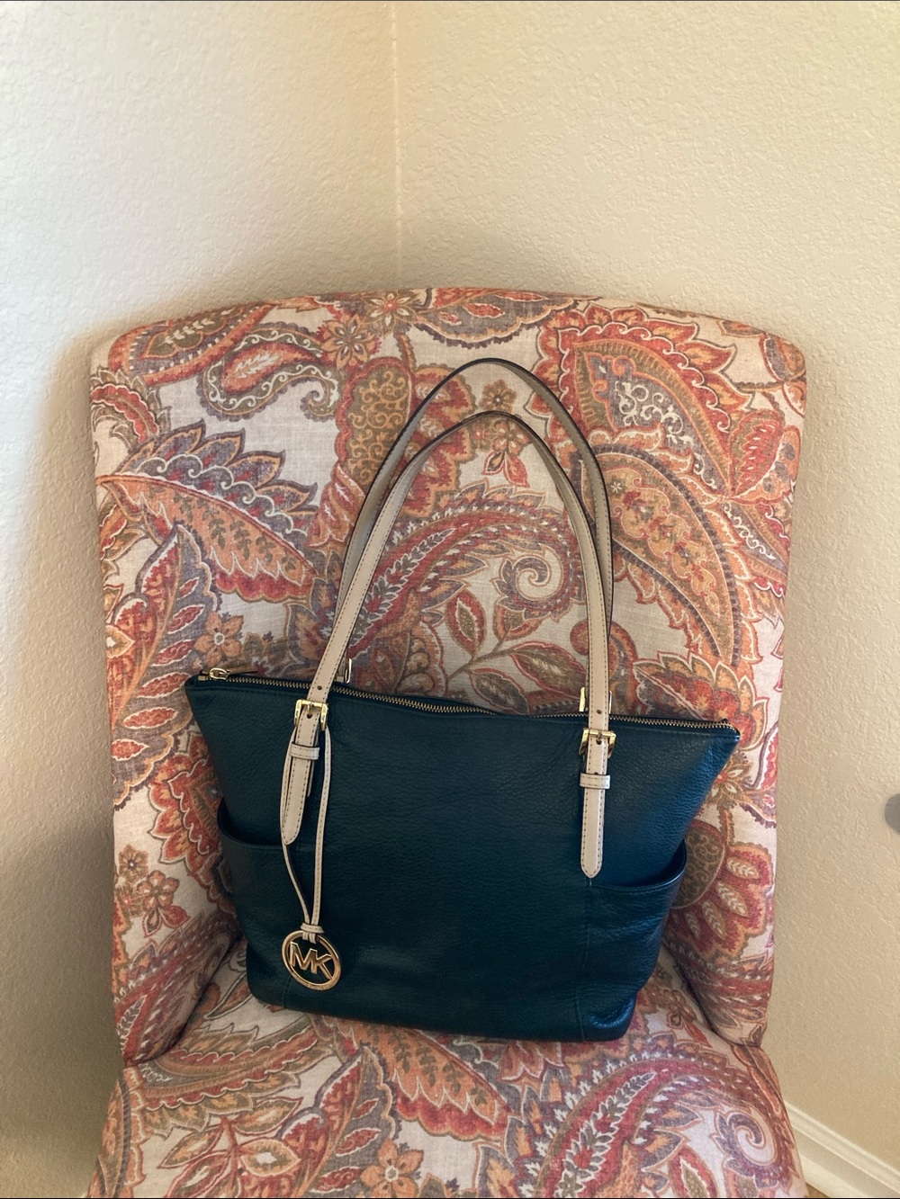 Michael Kors Black Leather Tote with Beige Straps